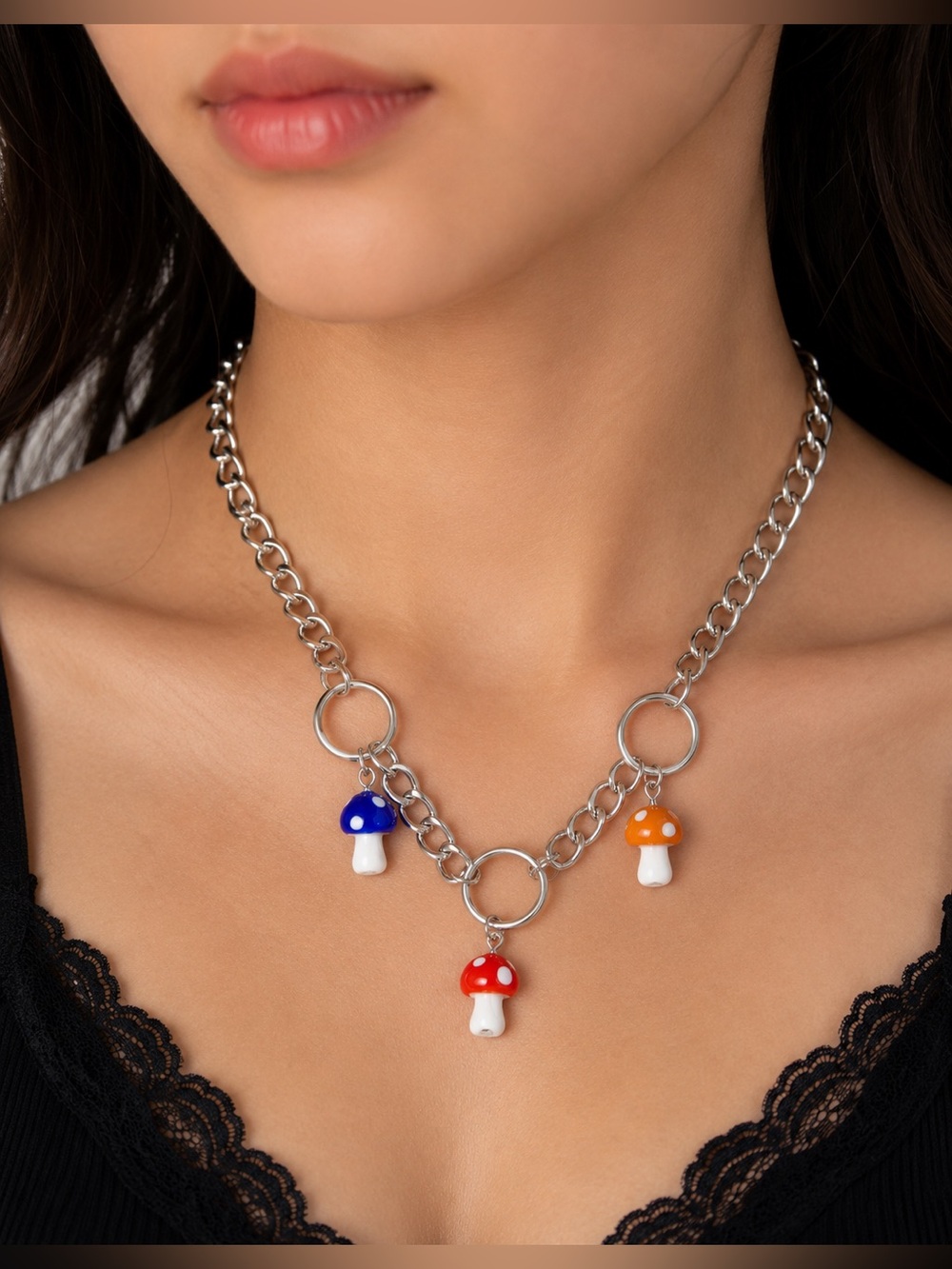 Hot Topic Mushroom Charm O-Ring Chain Choker Necklace Y2K Goth Fairy Grunge
